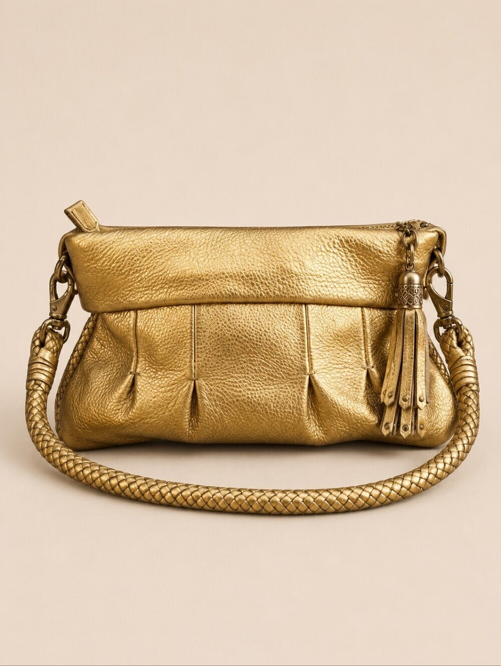 VTG COLE HAAN 1990s Gold Metallic Pebble Lambskin Braided Tassel Evening Bag
